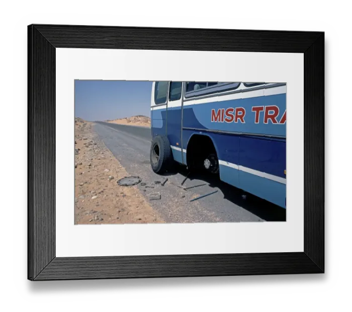 Framed Print : Coach breaks down in the desert between Abu Simbel and Aswan, Nile Valley, Egypt, September 1989, vintage, retro, old, historic, Africa