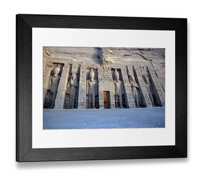 Framed Print : 6 colossal statues, Hathor Temple of Nefertari, Abu Simbel, Nile Valley, Egypt, September 1989, vintage, retro, old, historical, Africa