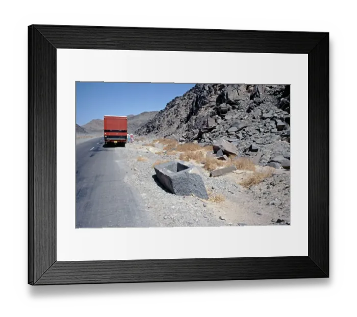 Framed Print : Unfinished, now broken sarcophagus, ancient Egyptian quarry area Wadi Hammamat, Arabian desert, Egypt, September 1989, vintage, retro, old, historical, Africa