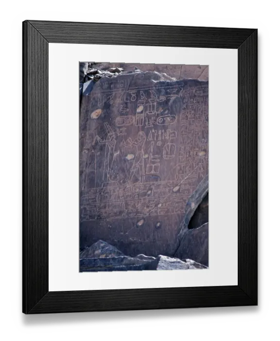 Framed Print : Rock carvings, ancient Egyptian quarry area Wadi Hammamat, Arabian desert, Egypt, September 1989, vintage, retro, old, historical, Africa
