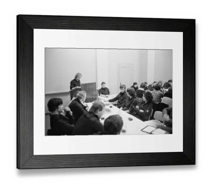 Framed Print : 26 September 1979, GDR, East Berlin, VEB Elektrokohle Lichtenberg, meeting of the works group of the Free German Youth (FDJ). An FDJ member at the lectern with a contribution to the discussion. East Berlin, Berlin-Lichtenberg, GDR GDR