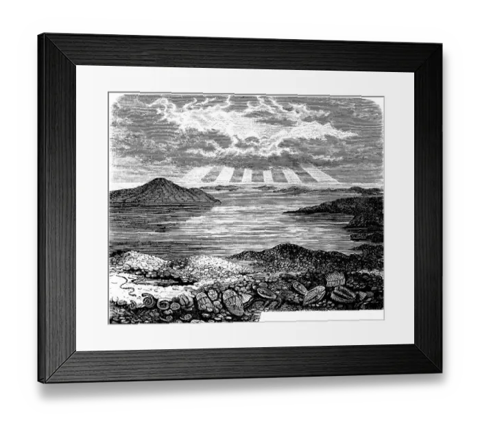 Framed Print : Prehistoric seascape, with islands and mountains, sky, clouds, sunbeams, fossils, Neolithic, historical illustration 1880