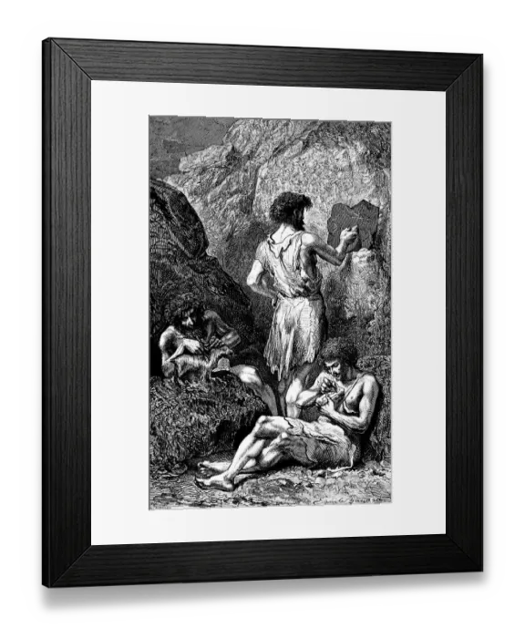 Framed Print : Cave dwellers painting walls and tools, rock cave, stone age, painting, early history of mankind, neolithic, cave painting, anthropology, palaeontology, historical illustration 1880 Framed Print : Cave dwellers painting walls and tools, rock cave, stone age, painting, early history of mankind, neolithic, cave painting, anthropology, palaeontology, historical illustration 1880