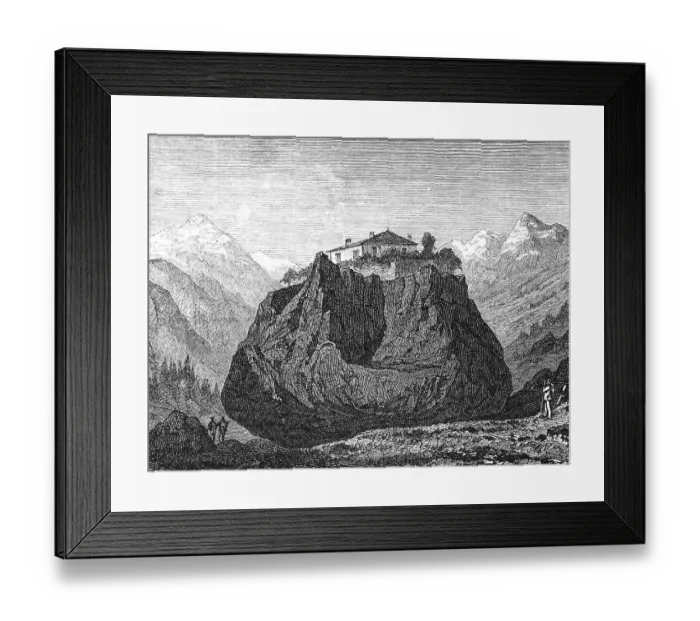 Framed Print : Valley in the Jura with hiking block near Monthey with building, erratic block, geology, erratic boulder or foreign object, high mountains of the Alps, rock, hiker, canton of Valais, Switzerland, historical illustration 1880, Europe
