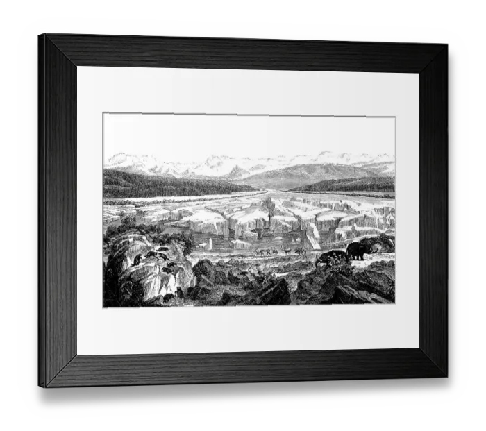 Framed Print : Frozen Alps landscape near Zurich during the ice age, glaciers, animals, alpine mountain world, Lake Zurich, cold, climate change, geology, Switzerland, historical illustration 1880, Europe Framed Print : Frozen Alps landscape near Zurich during the ice age, glaciers, animals, alpine mountain world, Lake Zurich, cold, climate change, geology, Switzerland, historical illustration 1880, Europe