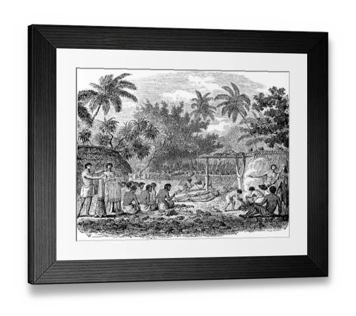 Framed Print : Rite of human sacrifice on the Society Islands, after James Cook, bound victim, drum, wooden frame, village with thatched houses, natives, palm trees, nature, ceremony, cult, cruel death, historical illustration 1880