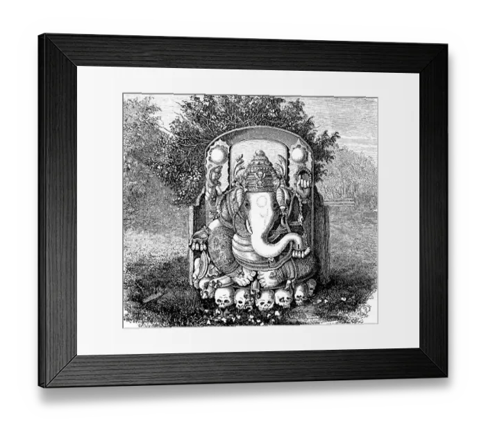 Framed Print : Javanese idol after Raffles, depiction of a deity with elephant face and trunk, human hand, religion, skulls, outdoors, ornamentation, trees, Java, Indonesia, historical illustration 1880, Asia