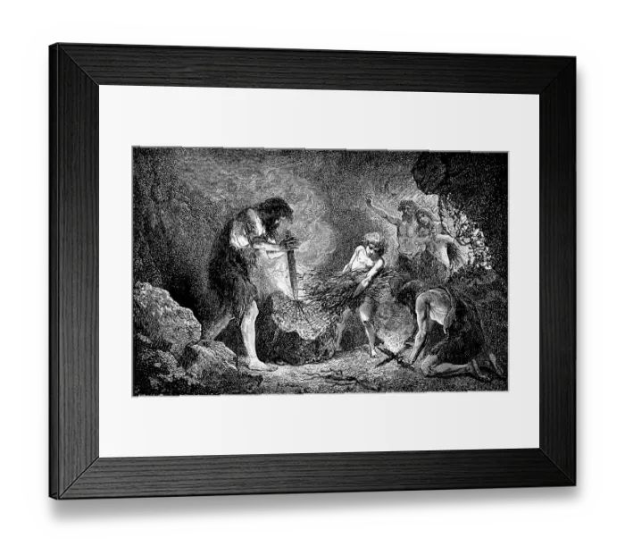 Framed Print : Creation of fire by friction, stick made of wood and thin branches, animal skins as clothing, warmth, durability of food, group in a cave, history of mankind, cultural development, historical illustration 1880 Framed Print : Creation of fire by friction, stick made of wood and thin branches, animal skins as clothing, warmth, durability of food, group in a cave, history of mankind, cultural development, historical illustration 1880