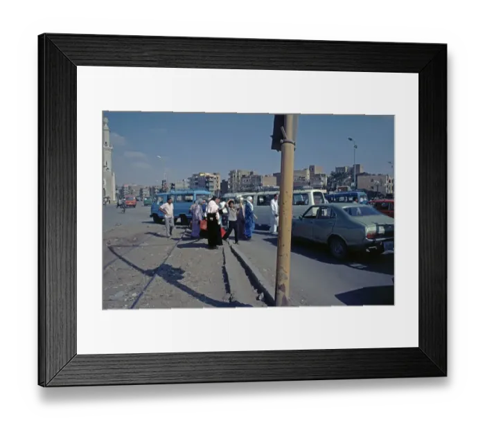Framed Print : Traffic jam by railway, Suez, Red Sea, Egypt, September 1989, vintage, retro, old, historical, Africa