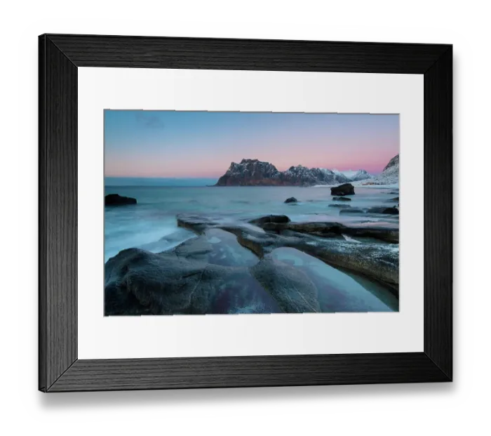 Framed Print : Rock in the sea, back mountains, sunset, Utakleiv, Lofoten, Norway, Europe Framed Print : Rock in the sea, back mountains, sunset, Utakleiv, Lofoten, Norway, Europe