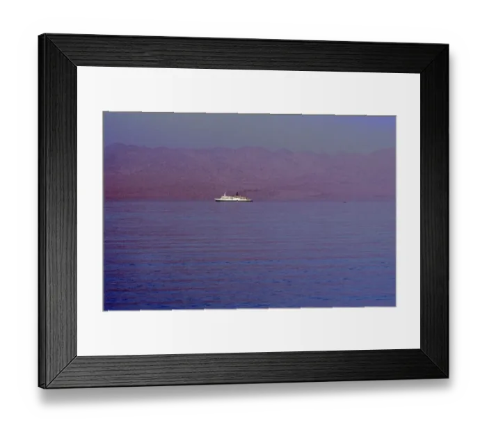 Framed Print : Ferry, Gulf of Aqaba and mountains of Saudi Arabia in the haze, Nuweiba, Sinai Peninsula, Egypt, September 1989, vintage, retro, old, historical, Africa