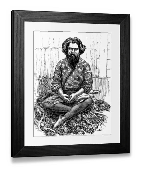Framed Print : Portrait of a man from the ancient Aino tribe, one of the first settlers of Japan, dark black hair, full beard, clothes, pointed shoes, sitting on ropes for fishing, history of mankind, Japan, historical illustration 1880, Asia