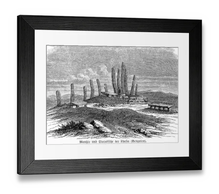 Framed Print : Menhir and stone tables of the Khasi, an indigenous people, today in the state of Meghalaya, megalithic memorial stones, India, vertical stones, mountainous landscape, history of mankind, historical illustration 1880, Asia Framed Print : Menhir and stone tables of the Khasi, an indigenous people, today in the state of Meghalaya, megalithic memorial stones, India, vertical stones, mountainous landscape, history of mankind, historical illustration 1880, Asia