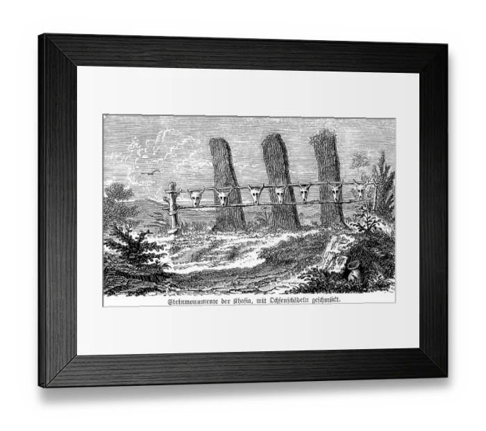 Framed Print : Menhirs of the Khasi decorated with skulls of oxen for festivities, indigenous people, today in the state of Meghalaya, megalithic memorial stones, India, vertical stones, open natural landscape, history of mankind, historical illustration 1880
