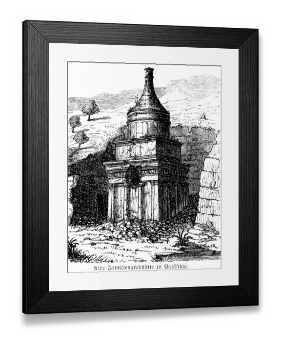 Framed Print : Ancient family tomb near Jerusalem, carved into the rock face, so-called rock tomb, domed building with columns, mountainside, Israel, Palestine, history of mankind, historical illustration 1880, Asia
