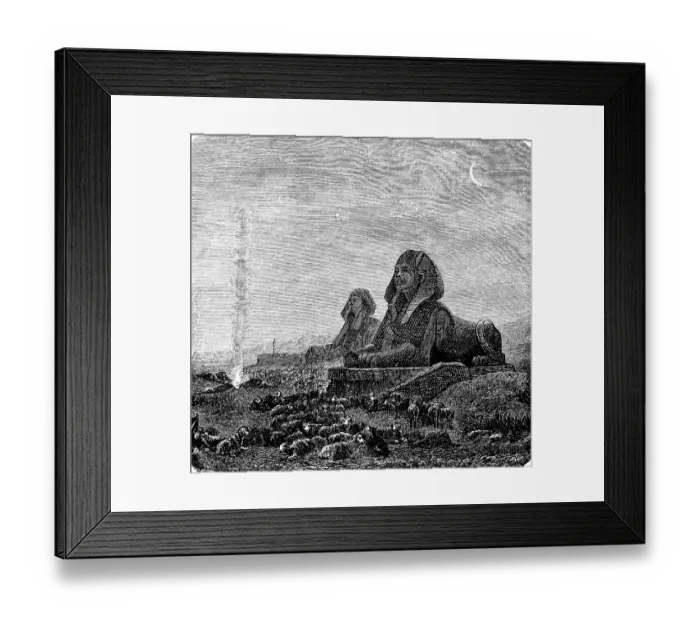 Framed Print : Great Sphinx of Giza, history of mankind, depiction of a lion with human head, erected in the 4th dynasty about 2500 BC, flock of sheep, Egyptology, excavation, archaeology, Africa, Egypt, historical illustration 1880, Africa