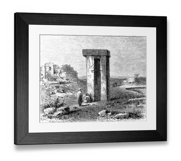 Framed Print : Tumulus or dolmen, called Senam near Tripoli, two right-angled, vertical pillars with capstone, ruins, mountainous landscape, river, Arabs, camel, Africa, Libya, history of mankind, historical illustration 1880, Africa Framed Print : Tumulus or dolmen, called Senam near Tripoli, two right-angled, vertical pillars with capstone, ruins, mountainous landscape, river, Arabs, camel, Africa, Libya, history of mankind, historical illustration 1880, Africa