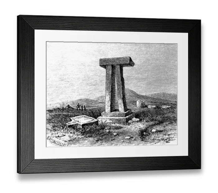 Framed Print : Tumulus or dolmen, called Senam near Tripoli, two right-angled, vertical pillars on steps with capstone, ruins, mountain landscape, river, Arabs, camel, Africa, Libya, history of mankind, historical illustration 1880, Africa Framed Print : Tumulus or dolmen, called Senam near Tripoli, two right-angled, vertical pillars on steps with capstone, ruins, mountain landscape, river, Arabs, camel, Africa, Libya, history of mankind, historical illustration 1880, Africa