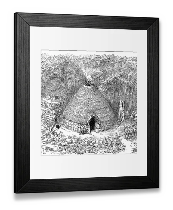 Framed Print : Round hut of the Pelasgians, an ancient people of ancient Greece, 8th century BC, stone wall, thatched or grass roof, protective wall against wild animals, fire with smoke outlet, guard, dog, access with barrier, forest edge, history of mankind