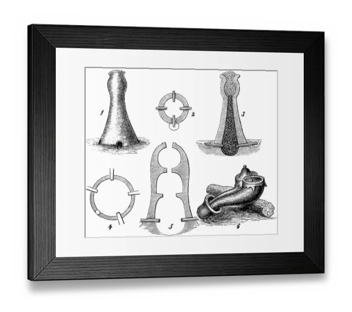 Framed Print : Forging iron in a clay furnace, two cross-sections and ground plans (1-3 and 4-5 Uganda) and bellows of the Bongo in Uganda, Iron Age in Northern Europe from about 750 BC to 1025 AD, in the Near East since about 1200 BC, archaeology, anthropology