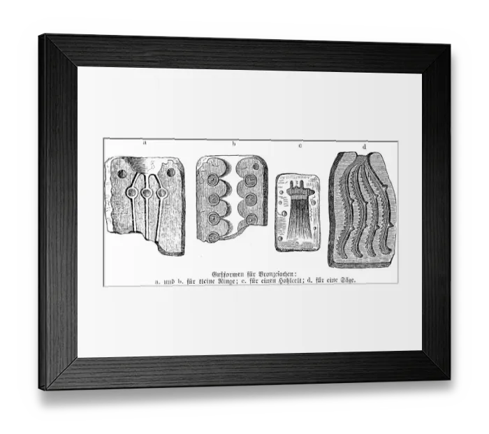 Framed Print : Moulds for working with bronze, moulds for rings and saws, Bronze Age c. 2000 to 800 BC, jewellery, archaeology, anthropology, history of mankind, Central Europe, Germany, historical illustration 1880, Europe