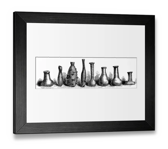 Framed Print : Unguentarium, balsamarium, lacrimarium or tear jars, small glass vessels for ointments, medicine or similar substances, archaeological finds from Tbilisi, use since antiquity, narrow bottle neck, archaeological finds, history of mankind, Georgia