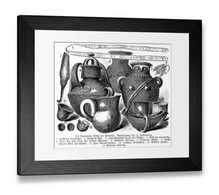 Framed Print : The treasure of Priam from Troy, excavated by Heinrich Schliemann, a find of gold and silver objects, headband, vases, dagger, earring, cup, drinking bowl, buttons, history of mankind, historical illustration 1880 Framed Print : The treasure of Priam from Troy, excavated by Heinrich Schliemann, a find of gold and silver objects, headband, vases, dagger, earring, cup, drinking bowl, buttons, history of mankind, historical illustration 1880