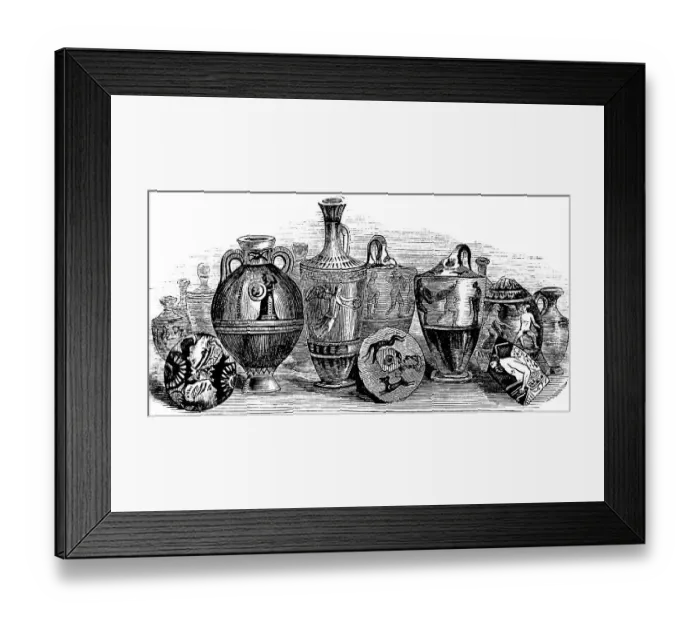 Framed Print : Greek vases and pottery, from archaeological excavations between Piraeus and Athens, street of tombs, decorations with depictions of humans and animals, some clay works turned on the potter's pane, history of mankind, Greece