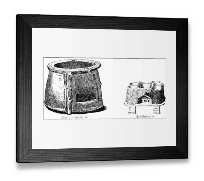 Framed Print : Round house urn and pile dwelling urn in the shape of the houses of the time in front of Christ, crude pottery as a utilitarian object or burial object, archaeological excavations, history of mankind, Italy, Albania, historical illustration 1880