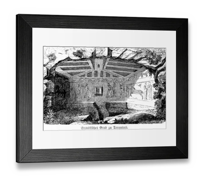 Framed Print : Etruscan tomb at Tarquinia, as Tarquinii under Roman rule, burial chamber decorated with frescoes, important Etruscan archaeological site, UNESCO World Heritage Site, Lazio region, archaeology, history of mankind, Italy