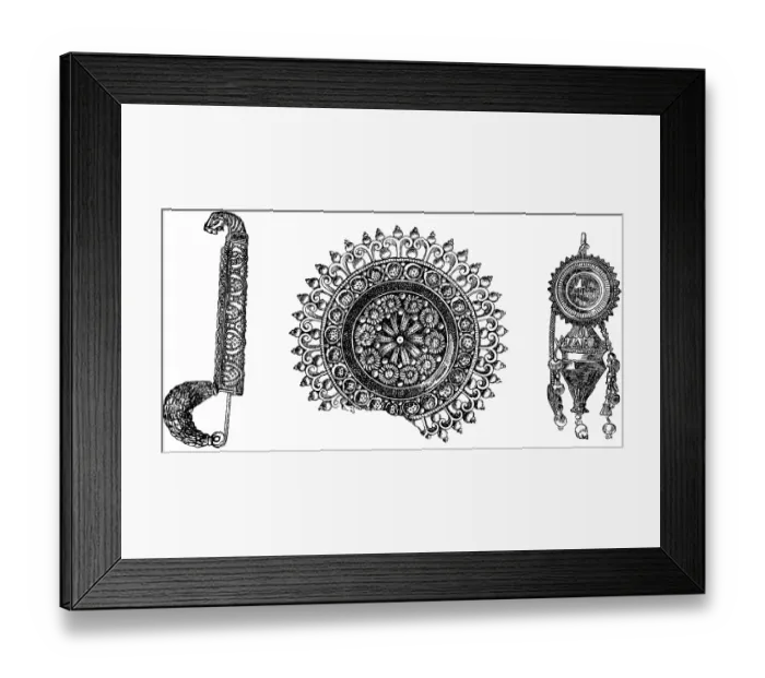 Framed Print : Richly decorated Etruscan bronze jewellery, Etruscan fibula or clasp (l), brooch (M) and earrings (r), masterpieces of ornamentation, archaeology, history of mankind, Italy, historical illustration 1880, Europe