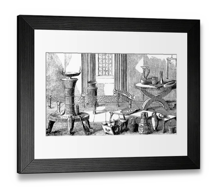 Framed Print : Compilation of archaeological Etruscan finds from the Etruria Tranpadana region, Lombardy and northern Piedmont, decorated vases, jewellery boxes, mirrors, jugs, made of iron and especially copper, history of mankind, Italy