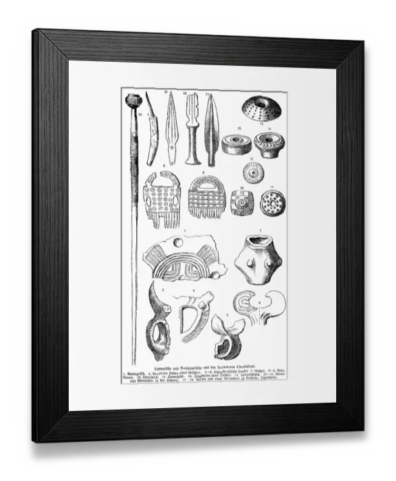 Framed Print : Clay and bronze vessels, jewellery and fragments from finds of the Terramare culture ca. 1750 to 1150 BC, chisel, spearhead, dagger, hairpin, combs, Veneto, Northern Italy, archaeology, history of mankind, Italy, historical illustration 1880, Europe