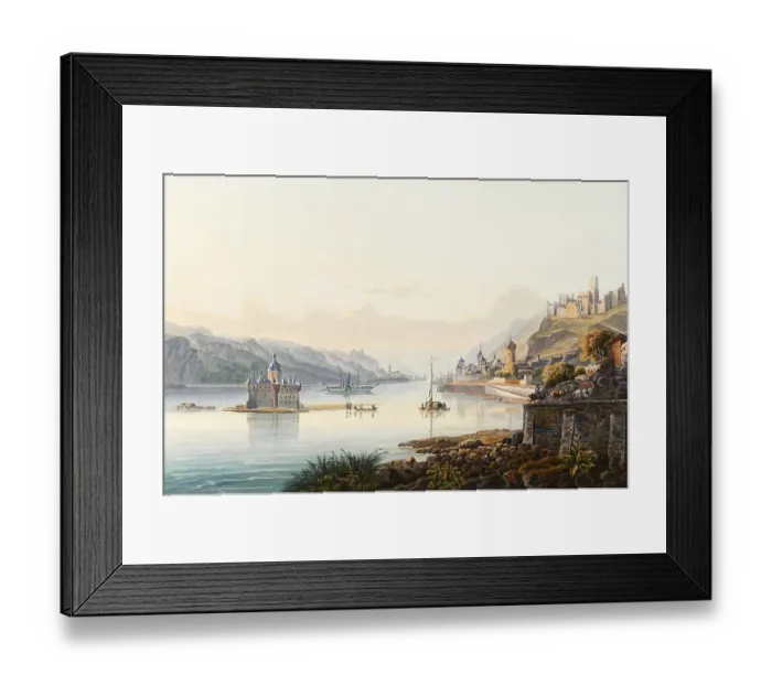 Framed Print : View from Kaub on the Rhine to the ruins of Schoenberg and Gutenfels, Rhineland-Palatinate, Germany, view around 1830, digitally restored reproduction of a 19th century model by Johann Ludwig Bleuler (12 February 1792 - 28 March 1850)