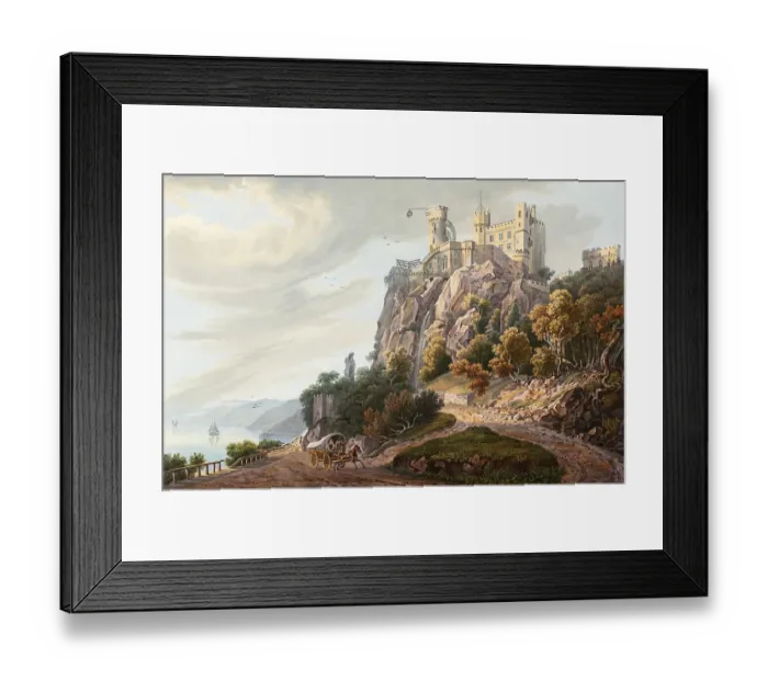Framed Print : Rheinstein Castle, also known as Voitsberg Castle or Vaitzburg Castle, is a Spornburg in the upper Middle Rhine Valley in the municipality of Trechtingshausen in the district of Mainz-Bingen in Rhineland-Palatinate, Germany, view from around 1830