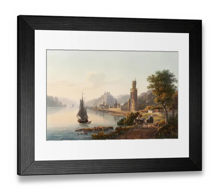 Framed Print : View of Oberwesel on the Rhine, the ruins of Schoenberg, Gutenfels and the Ochsenturm, Rhineland-Palatinate, Germany, view around 1830