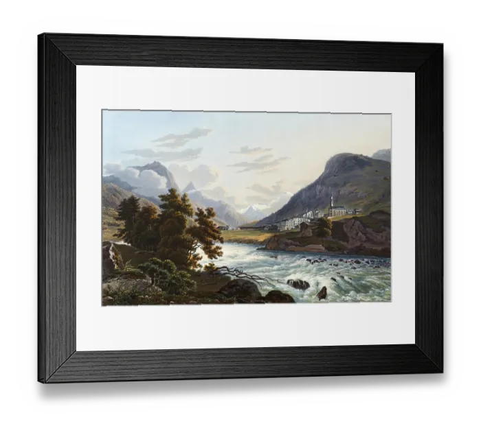 Framed Print : The village of Spluegen, looking towards the Rheinwald glacier, Viamala region in the Swiss canton of Graubuenden, Switzerland, view from around 1830