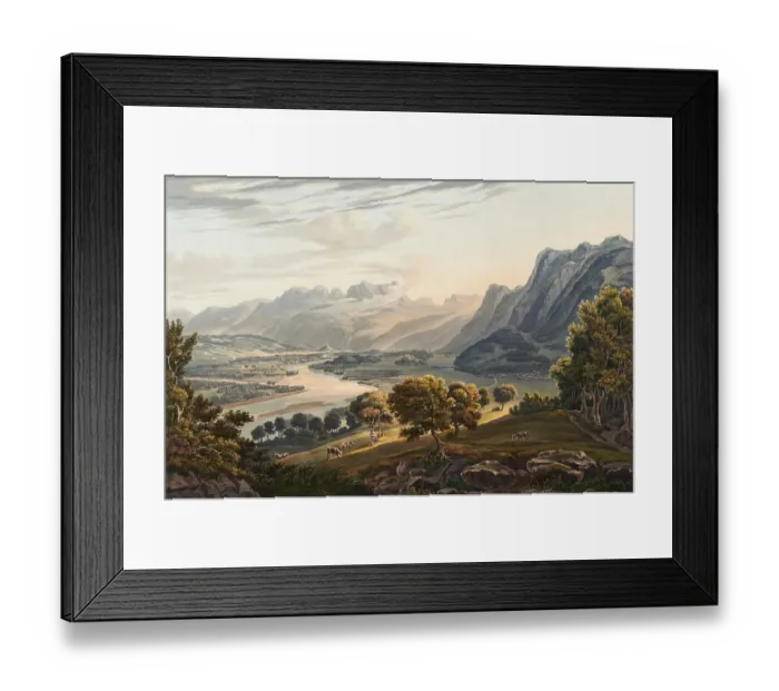 Framed Print : Confluence of the Ill and Rhine rivers, mouth of the Ill between Nofels and Meiningen at the Illspitz in the Alpine Rhine, Austria, Switzerland, view around 1830
