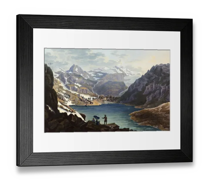 Framed Print : View of the source of the Anterior Rhine, Lake Toma, on Mount Badus, Canton Graubuenden in the Swiss Alps, Switzerland, view around 1830