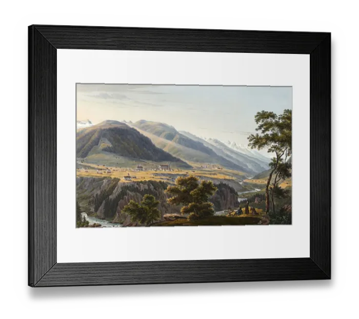 Framed Print : View of Dissentis Abbey, a Benedictine abbey in Disentis in the canton of Graubuenden in Switzerland, and its surroundings, taken at the unification of two arms of the Upper and Middle Rhine, view around 1830