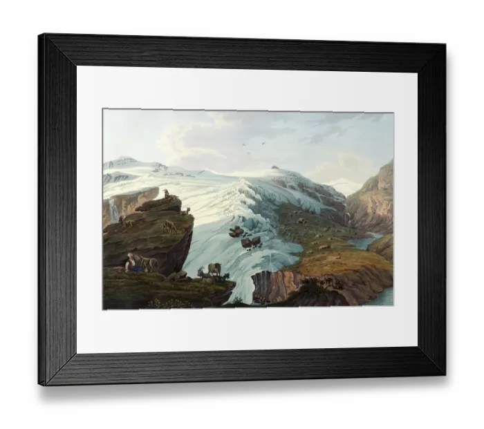 Framed Print : View of the Rheinwald glacier, taken at the shepherds huts of Bergamo, Canton Graubuenden in Switzerland, view around 1830, digitally restored reproduction of a 19th century model by Johann Ludwig Bleuler (12 February 1792 - 28 March 1850)