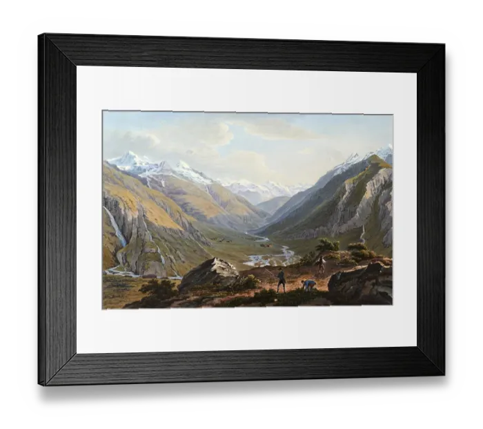 Framed Print : View from the foot of the Lukmanier, Swiss mountain pass, to Sainte Marie and the valley of Medels, Switzerland, view around 1830, digitally restored reproduction of a 19th century model by Johann Ludwig Bleuler (12 February 1792 - 28 March 1850)