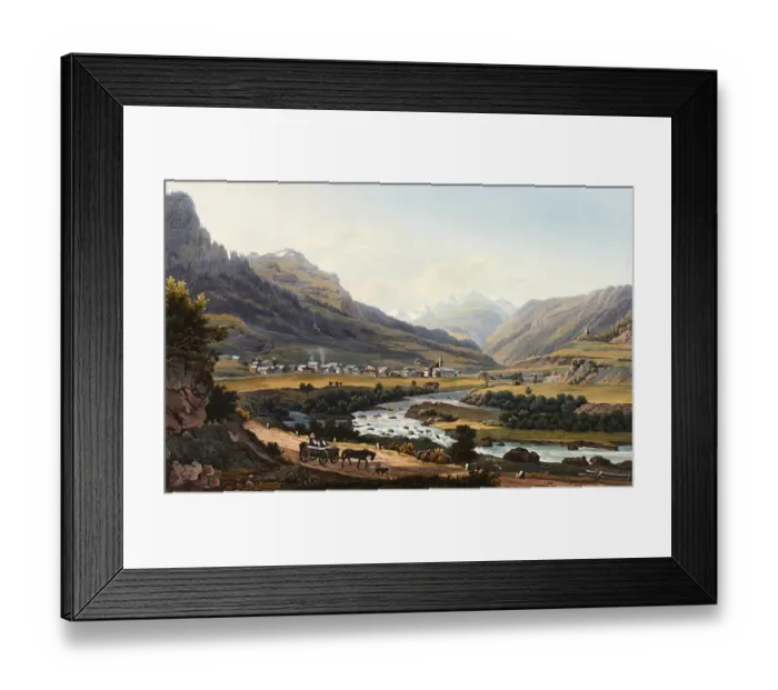 Framed Print : View of the village of Zillis in the Schamsertal valley, coming from Via Mala, Canton of Graubuenden, Switzerland, view from around 1830