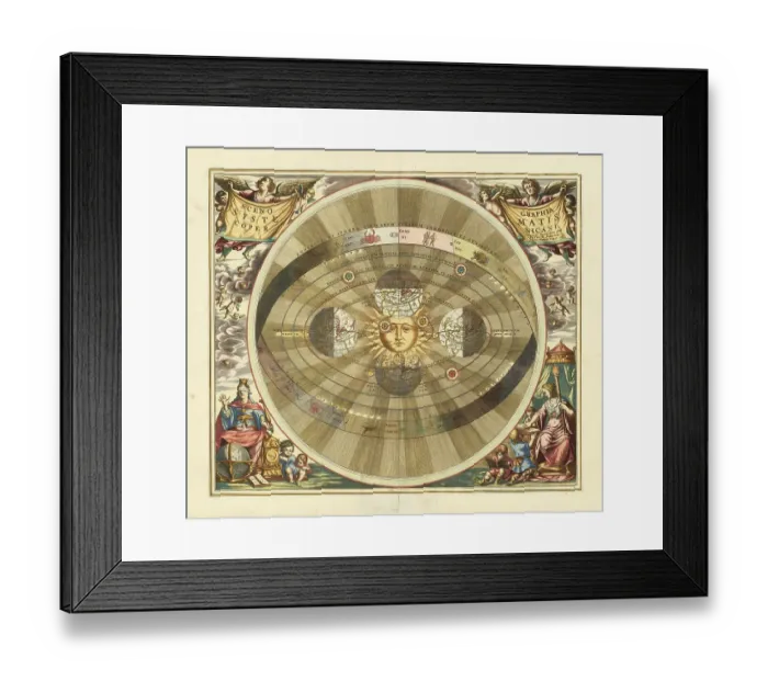 Framed Print : Copernicus heliocentric model of the universe, 1660, digitally improved reproduction of a work of Andreas Cellarius (1596 - 1665), a Dutch-German cartographer and cosmographer best known for his Harmonia Macrocosmica from 1660