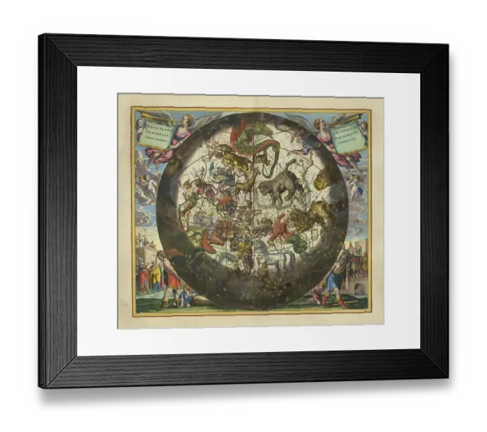 Framed Print : Haemisphaerium Stellatum Boreale Cum Subiecto Hemisphaerio Terrestri, 1660, digital improved reproduction of a work of Andreas Cellarius (1596-1665), a Dutch-German cartographer and cosmographer, who is best known for his 1660 Harmonia Macrocosmica