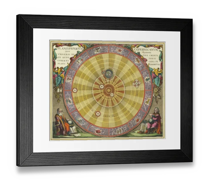 Framed Print : Planisphaerium Copernicanum Sive Systema Universi Totius Creati Ex Hypothesi Copernicana In Plano Exhibitum, 1660, digitally improved reproduction of a work of Andreas Cellarius (1596 - 1665), a Dutch-German cartographer and cosmographer