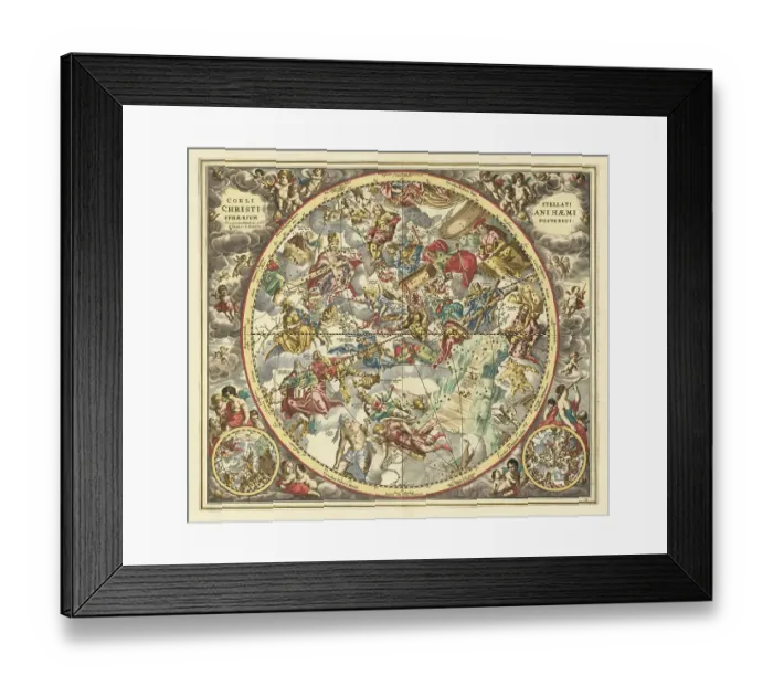 Framed Print : Celestial chart representing the constellations according to Christian symbolism, 1660, digital improved reproduction of a work of Andreas Cellarius (1596 - 1665), a Dutch-German cartographer and cosmographer Framed Print : Celestial chart representing the constellations according to Christian symbolism, 1660, digital improved reproduction of a work of Andreas Cellarius (1596 - 1665), a Dutch-German cartographer and cosmographer