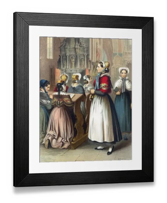 Framed Print : Traditional costumes in Germany around 1820, Province of Hanover, Osnabrueck, woman in traditional traditional costume praying in a church in front of an altar in a devotional atmosphere, digitally retouched reproduction of a model from around 1850 Framed Print : Traditional costumes in Germany around 1820, Province of Hanover, Osnabrueck, woman in traditional traditional costume praying in a church in front of an altar in a devotional atmosphere, digitally retouched reproduction of a model from around 1850