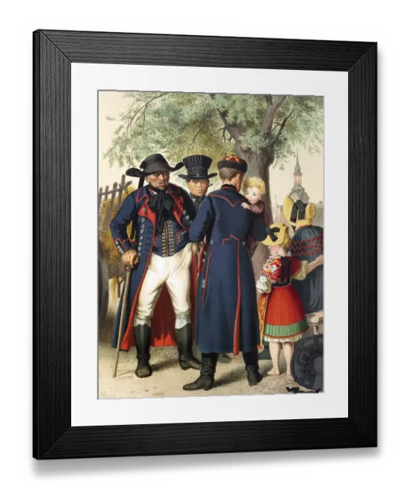 Framed Print : Traditional costumes in Germany around 1820, Province of Pomerania, Weitzacker, men in traditional dress on the street, talking to each other while a man holds a child, digitally retouched reproduction of an original from around 1850 Framed Print : Traditional costumes in Germany around 1820, Province of Pomerania, Weitzacker, men in traditional dress on the street, talking to each other while a man holds a child, digitally retouched reproduction of an original from around 1850