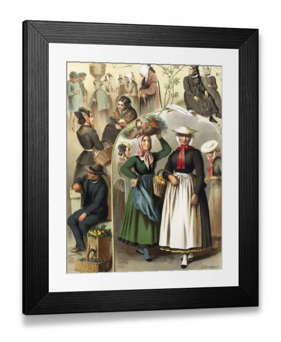 Framed Print : Traditional costumes in Germany around 1820, Province of Hanover, surroundings of Bremen and Hamburg, woman in traditional dresses with baskets at the market, others chatting in the background, digitally retouched reproduction of a model from ca Framed Print : Traditional costumes in Germany around 1820, Province of Hanover, surroundings of Bremen and Hamburg, woman in traditional dresses with baskets at the market, others chatting in the background, digitally retouched reproduction of a model from ca